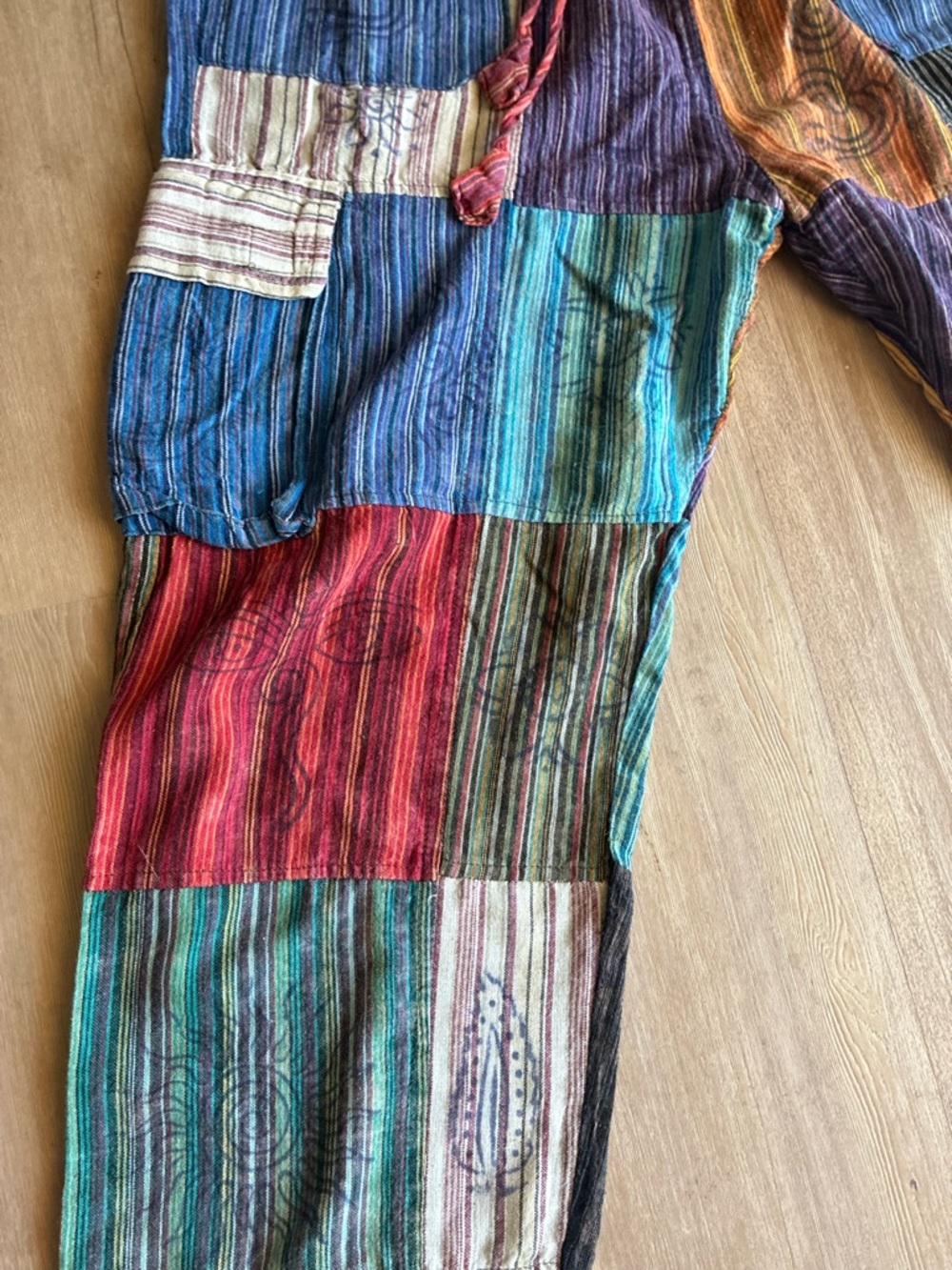Rising International colorful hippie cotton Patchwork drawstring Pants unisex L - Picture 5 of 16